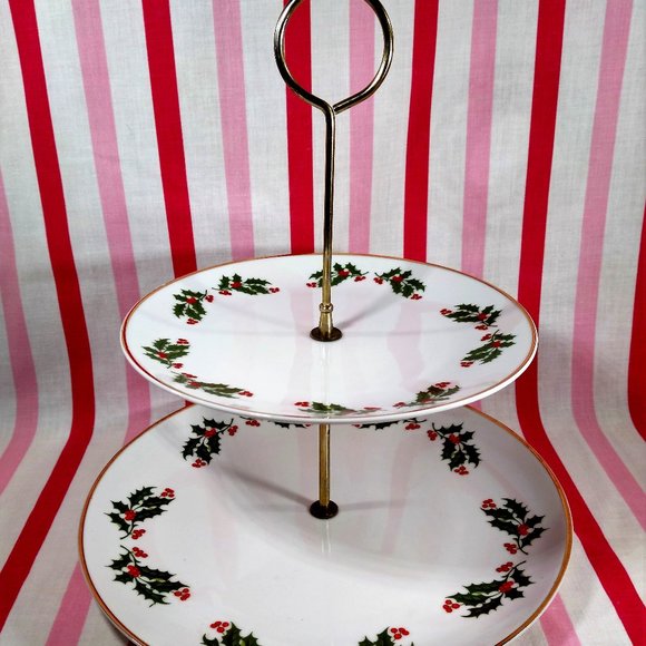 Lovely Mid Century Holly Berry 2 Tier Ceramic Plate Tid Bit Holiday Server Japan - Picture 1 of 13
